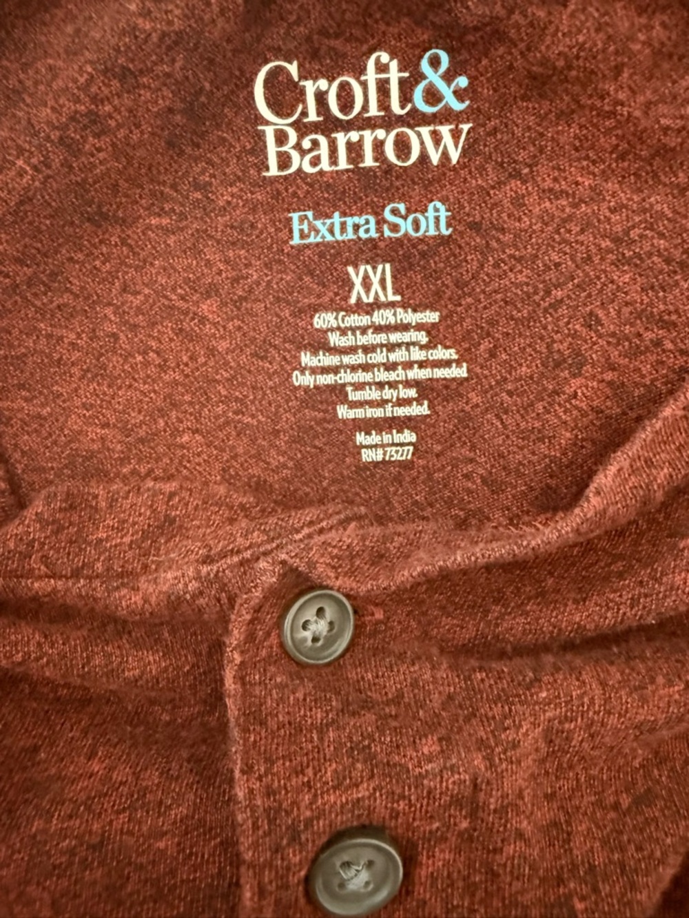 Men’s Croft & Barrow Extra Soft Henley Long Sleeve Shirt XXL Red Heather - Picture 3 of 3